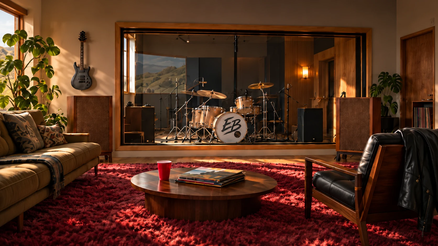 A lived-in midcentury studio lounge with a natural birch drum kit behind the isolation booth window.